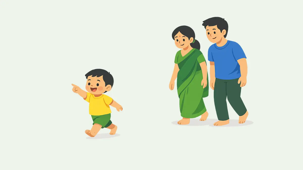 12 ते 18 महिन्याच्या बाळासोबत घरात शांतपणे चालत खेळताना मराठी आई-वडील