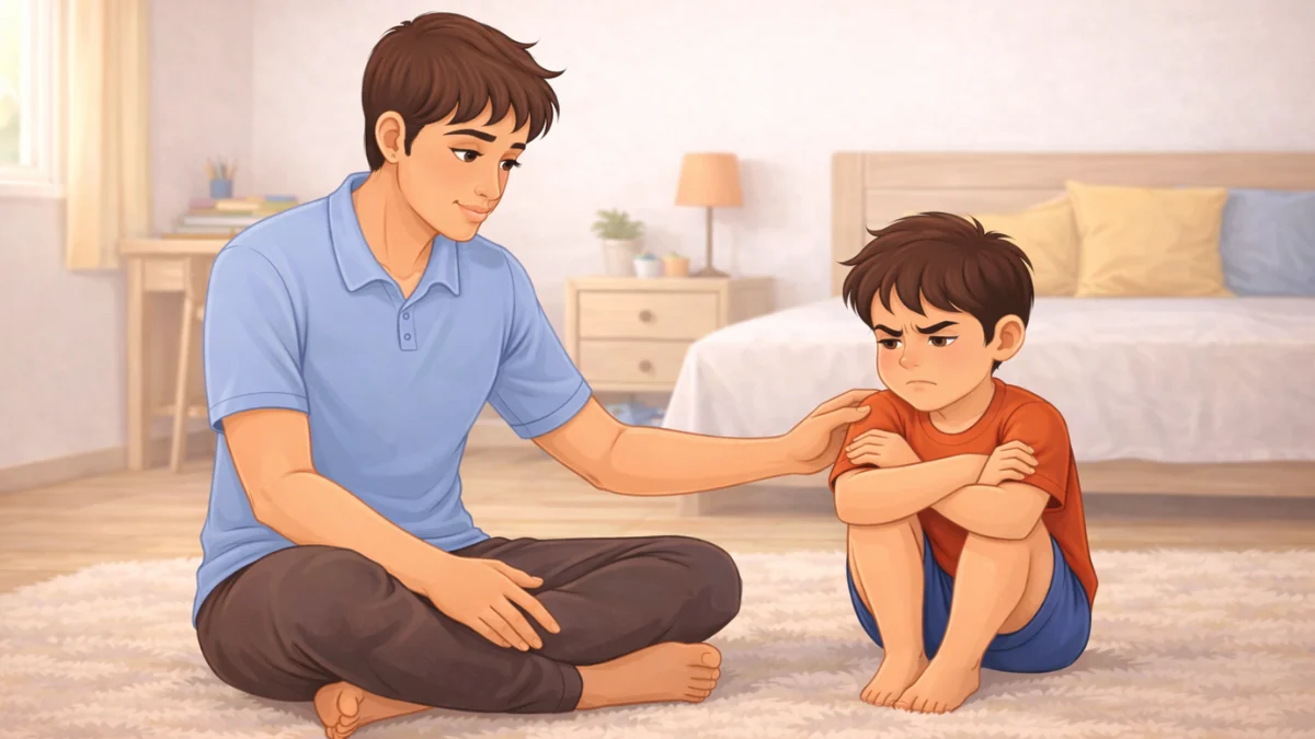 राग आलेल्या मुलाजवळ शांतपणे बसून वडील त्याला शब्द न देता भावनिक साथ देत आहेत