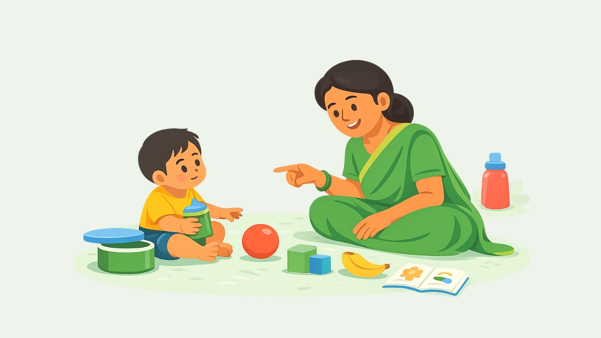 खेळताना दैनंदिन वस्तूंमधून शिकणारे बाळ आणि शांतपणे सोबत बसलेले पालक