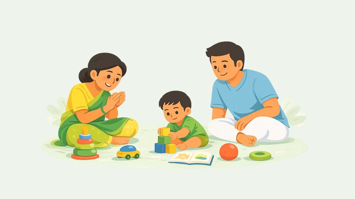 खेळताना बाळासोबत शांतपणे वेळ घालवणारे आणि शिकण्याचा अनुभव देणारे पालक