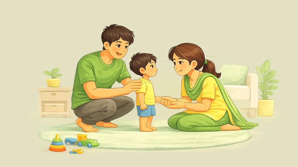 घरच्या वातावरणात पालक प्रेमाने आणि स्पष्ट नियमांसह मुलाला शिस्त शिकवत असल्याचं सकारात्मक पालकत्व दर्शवणारं चित्रण
