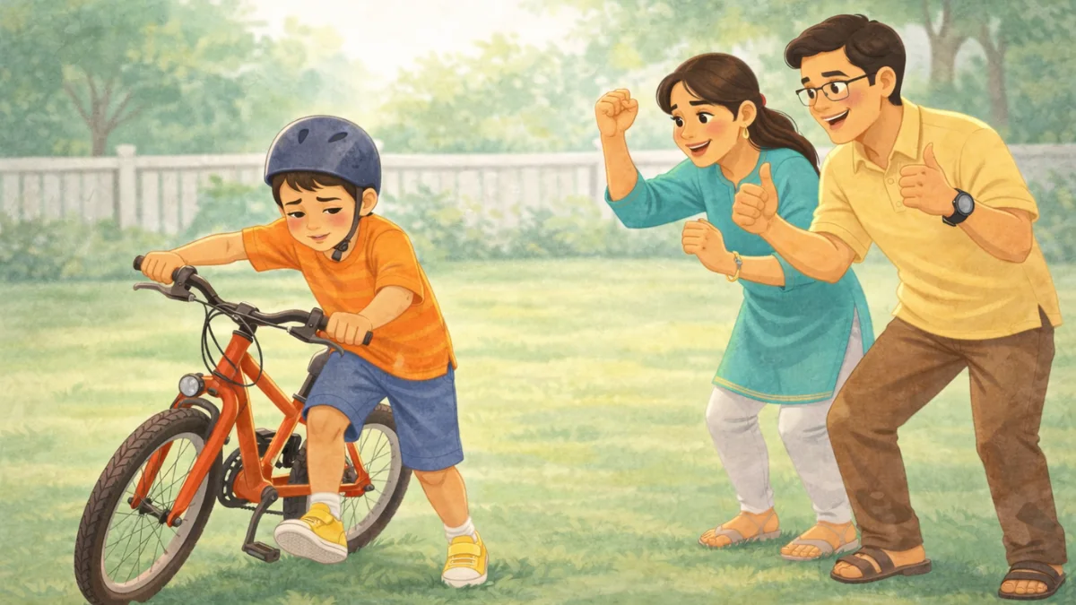 सायकल शिकताना चुका करत असलेल्या मुलाला आई-वडील आनंदाने प्रोत्साहन देताना