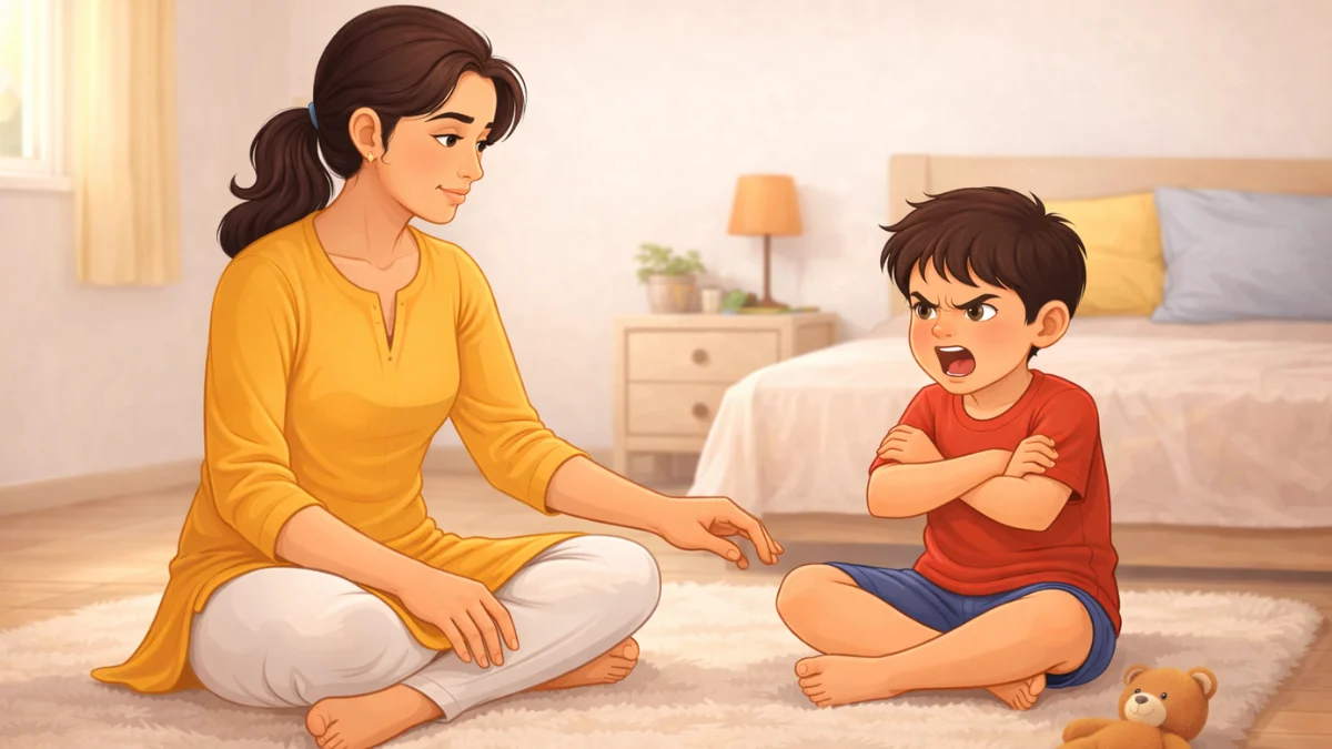 रागावलेलं मूल आणि शांतपणे जवळ बसलेली आई