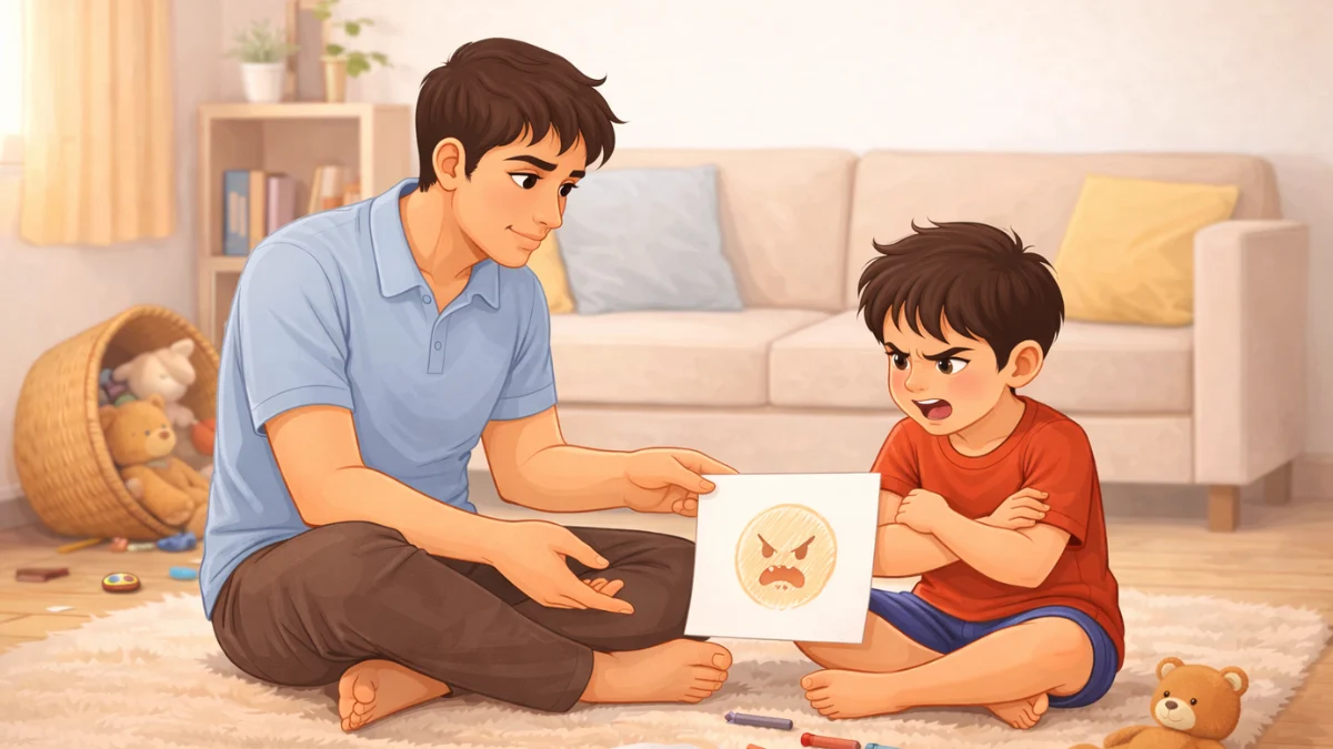 वडील मुलाला राग सुरक्षित पद्धतीने व्यक्त कसा करायचा हे चित्रांच्या माध्यमातून समजावत आहेत