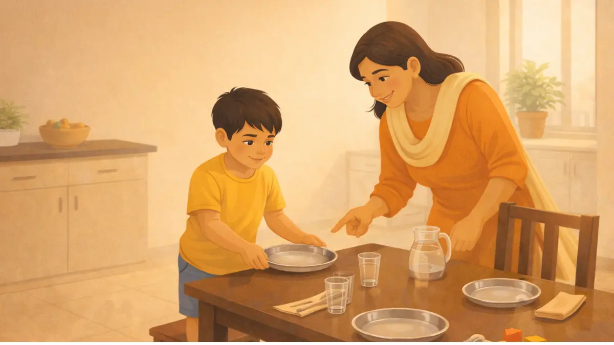 मराठी मध्यमवर्गीय घरात लहान मूल आई-वडिलांच्या मार्गदर्शनाखाली जेवणाच्या टेबलावर ताट आणि ग्लास ठेवताना आनंदाने मदत करत आहे.