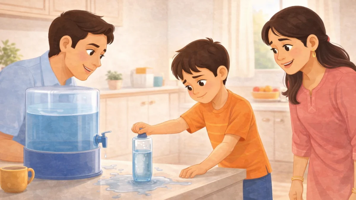 पालकांच्या शांत प्रोत्साहनात स्वतः पाण्याची बाटली भरायचा प्रयत्न करणारे मूल