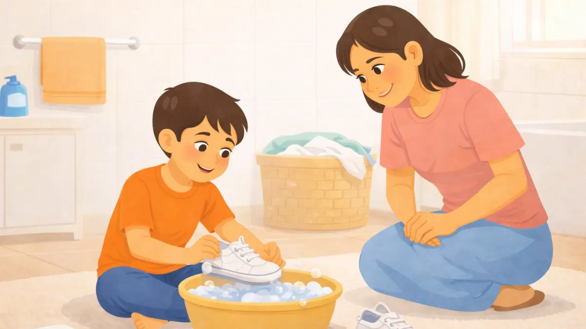 मुलगा स्वतःचे बूट धुताना
