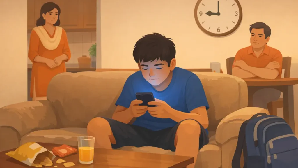 घरी मोबाईल वापरत असलेला मुलगा आणि काळजीपूर्वक पाहणारे पालक
