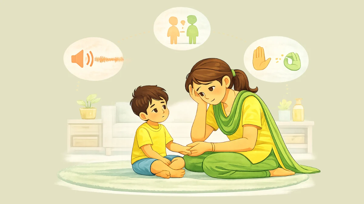 घरच्या वातावरणात पालक आणि मूल यांच्यातील नात्यात ओरडणे, तुलना करणे आणि नियमांमध्ये सातत्य नसणे या सामान्य पालकत्व चुका सूचक पद्धतीने दाखवणारी चित्रण
