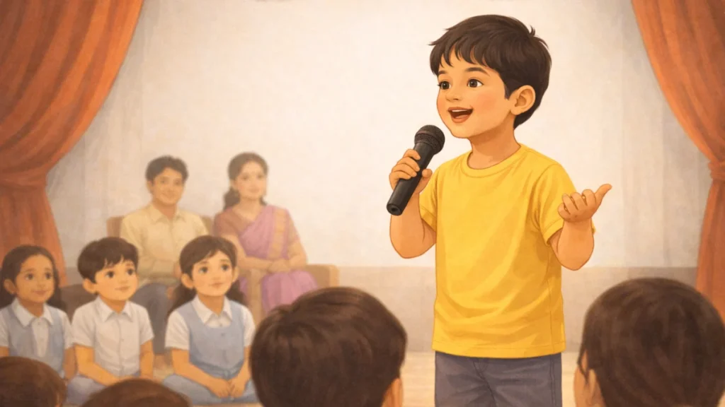 शाळेच्या कार्यक्रमात आत्मविश्वासाने बोलणारे मूल