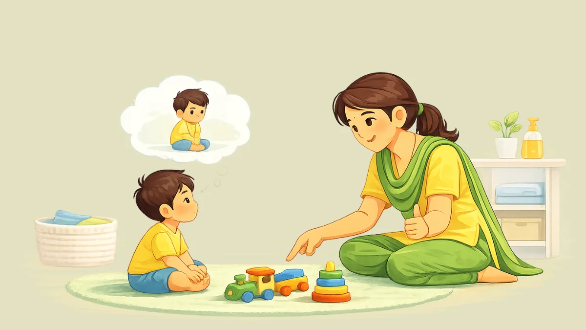 घरच्या वातावरणात पालक तीन वर्षांच्या मुलाला शांतपणे नियम आणि त्यांचे परिणाम समजावून सांगत कौतुक करत असल्याचं सकारात्मक शिस्तीचं चित्रण
