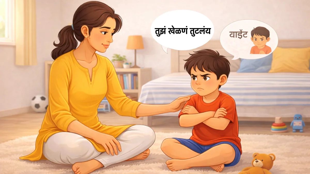 आई मुलाला त्याच्या रागाच्या भावनेला नाव देत समजावून सांगत आहे आणि त्याला भावनिक सुरक्षितता देत आहे