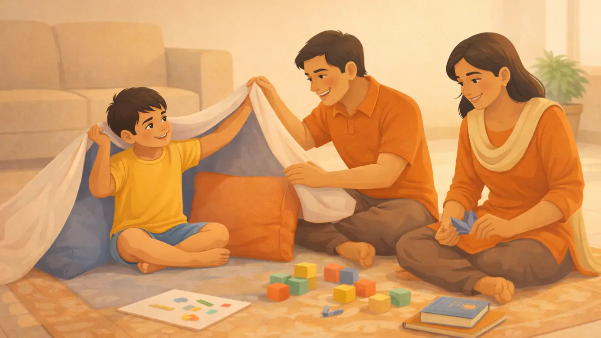 आई-वडिलांसोबत घरात खेळताना आनंदी मूल