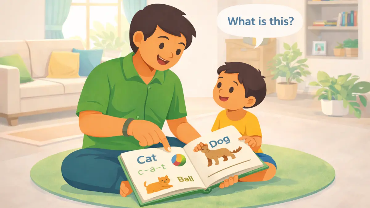 वडील आणि ४–६ वर्षांचे मूल घरात इंग्लिश वाचन करताना