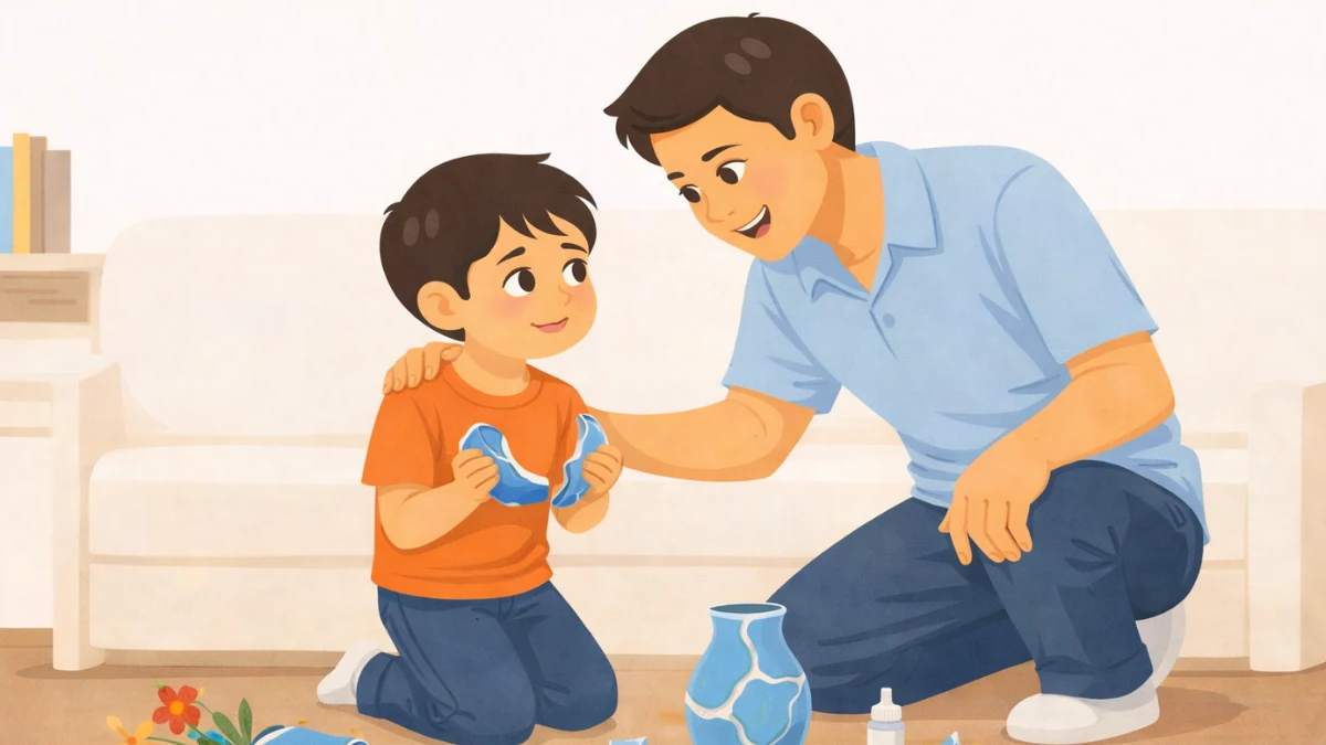 वडील शांतपणे मुलाचं ऐकत आहेत आणि चूक सुधारण्याची संधी देत आहेत