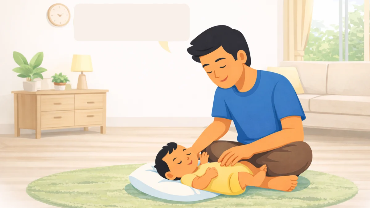 वडील घरच्या शांत वातावरणात नवजात बाळाशी हळू आणि प्रेमळ आवाजात बोलताना