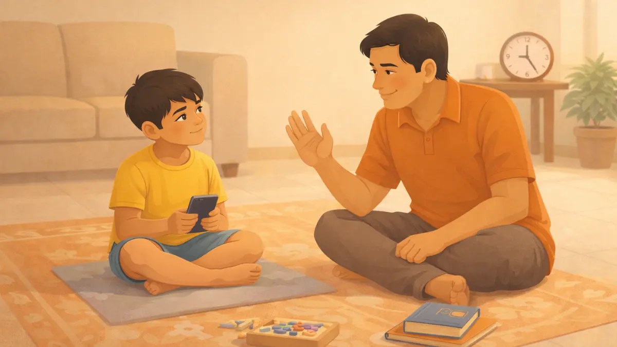 वडील शांतपणे स्क्रीन टाइम संपण्याची आठवण करून देताना मुलगा तयार होत आहे