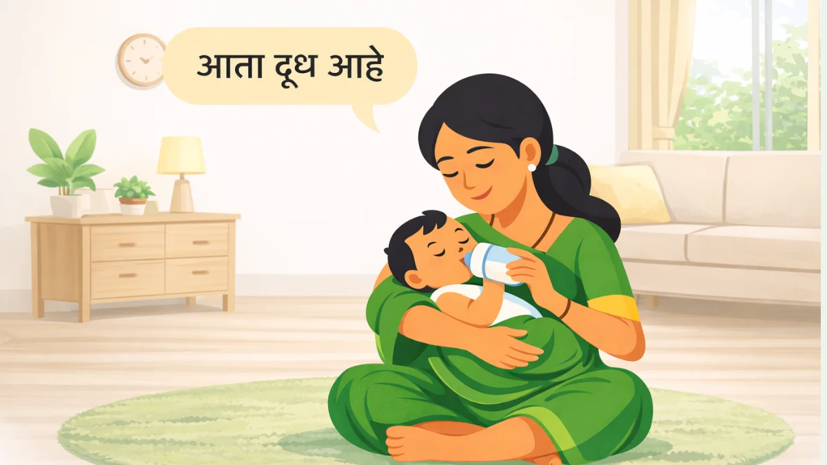 आई घरच्या वातावरणात नवजात बाळाशी साध्या आणि ओळखीच्या शब्दांत प्रेमाने बोलताना