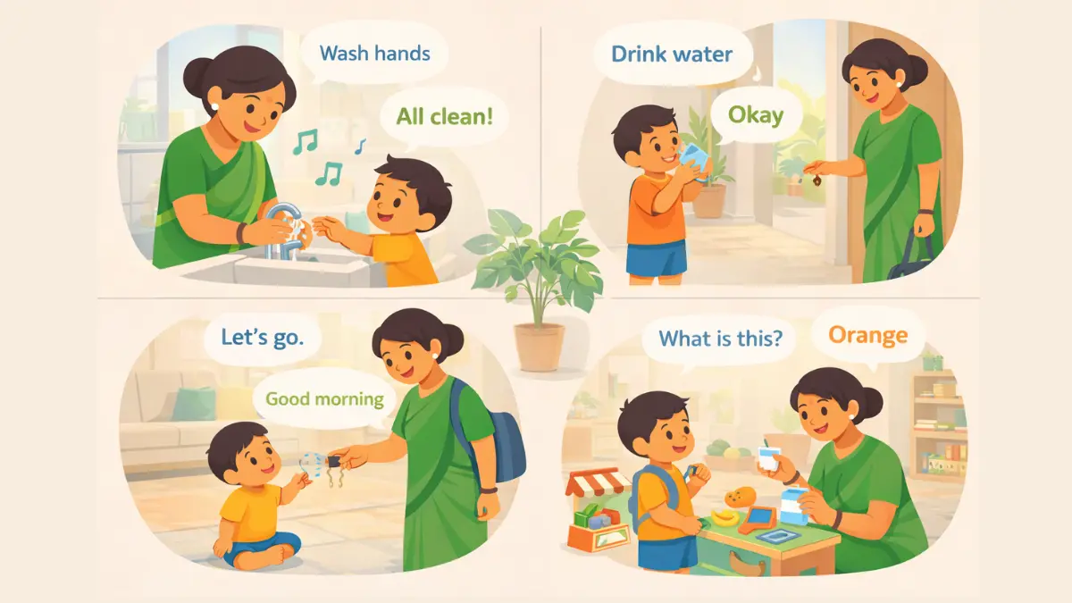 आई घरात २ ते ४ वर्षांच्या मुलाला इंग्रजी बोलायला प्रोत्साहित करत आहे