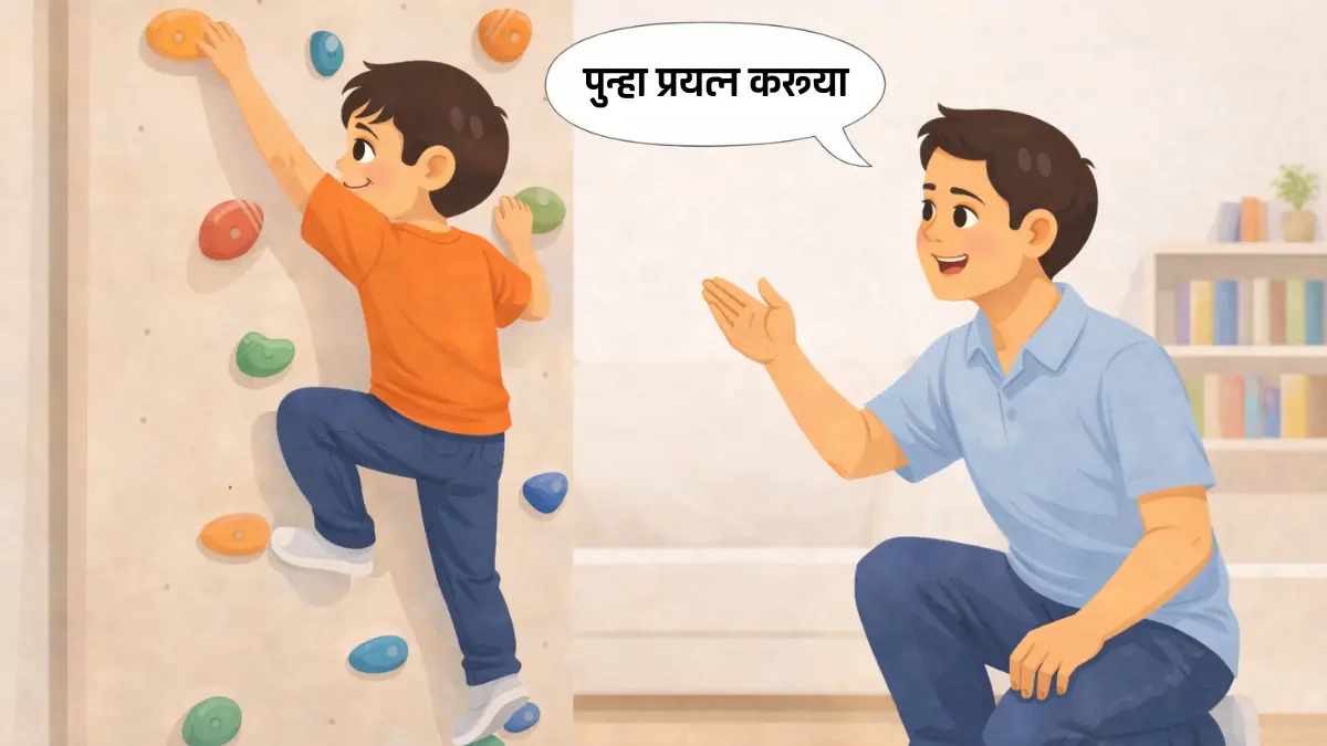 वडील प्रोत्साहन देत असताना मुलगा भिंत चढण्याचा पुन्हा प्रयत्न करत आहे