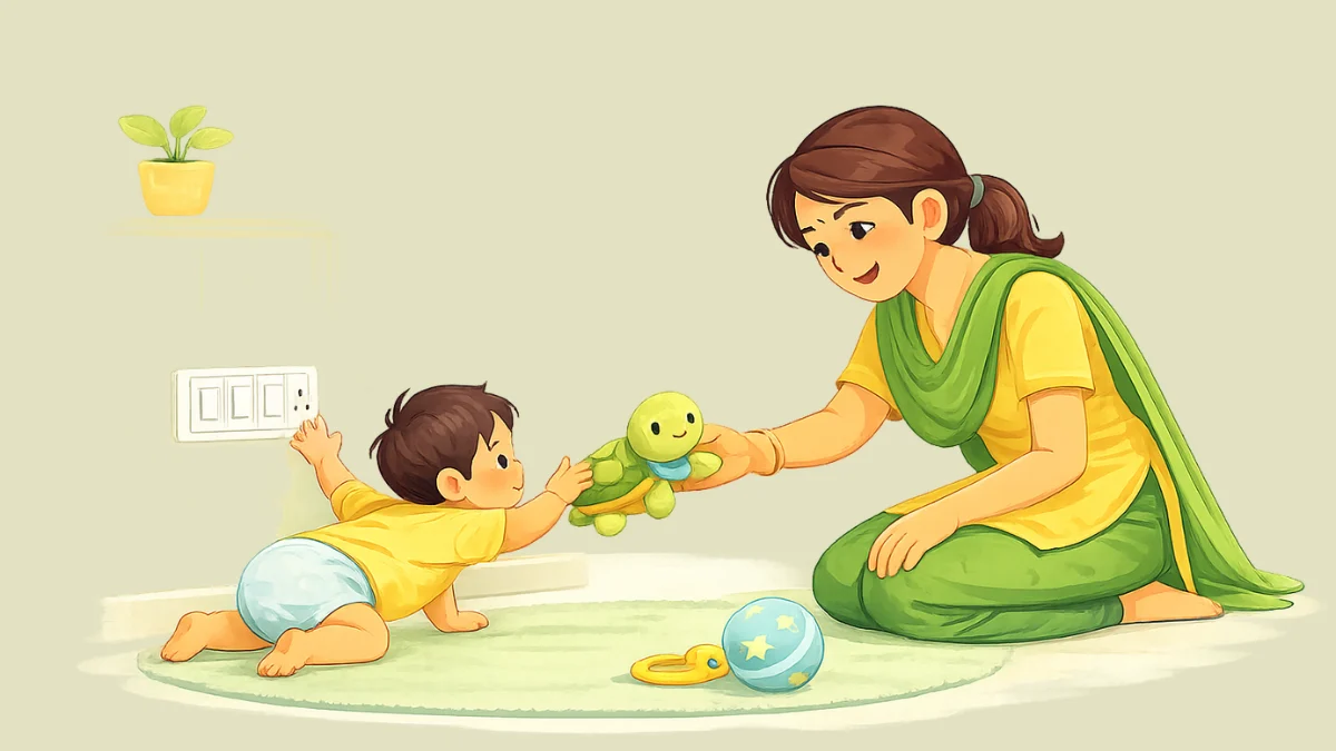 घरच्या वातावरणात आई एक वर्षाच्या मुलाचं लक्ष ओरड न करता खेळण्याकडे वळवत सुरक्षित सवयी शिकवत असल्याचं चित्रण