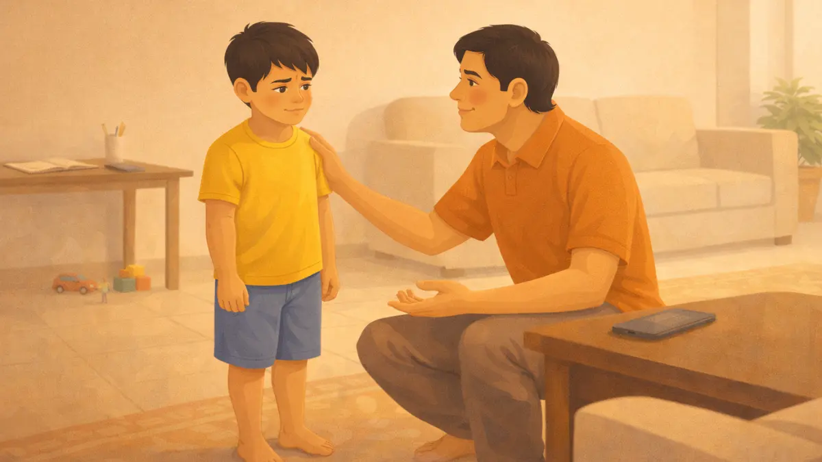मराठी मध्यमवर्गीय घरात पालक मुलाला शांतपणे मोबाईल वापरण्याचे नियम समजावत आहेत, तर मोबाईल टेबलवर साध्या साधनासारखा ठेवलेला आहे.