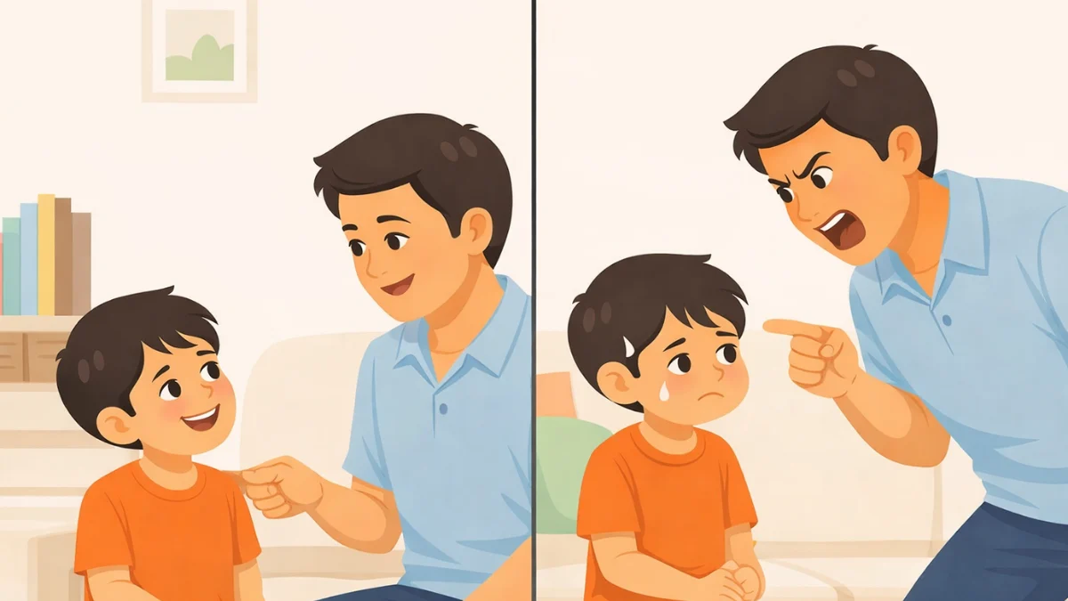 मुलाला प्रश्न विचारताना पालकांचा शांत आणि रागीट सूर दाखवणारे दृश्य