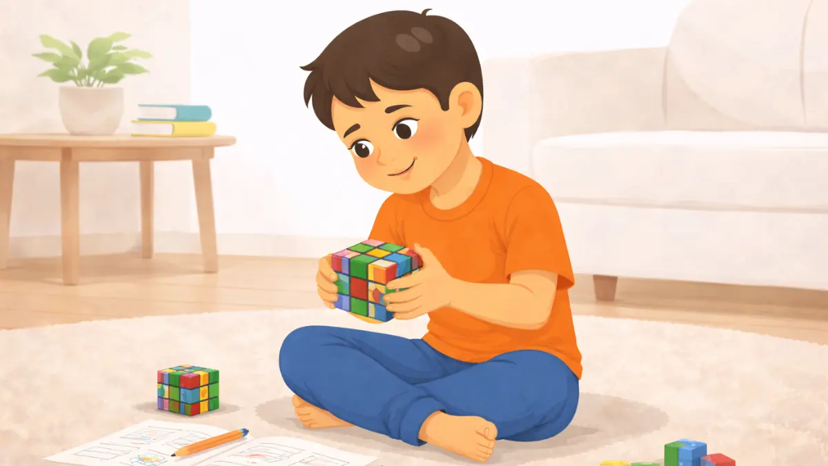 रुबिक्स क्यूब सोडवत समस्या सोडवण्याची सवय विकसित करणारा मुलगा