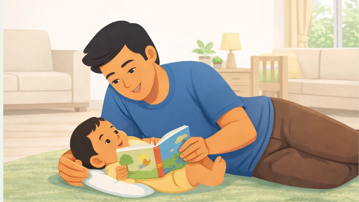 मराठी वडील नवजात बाळाशी हसून आणि प्रेमाने बोलताना घरातील शांत वातावरणात