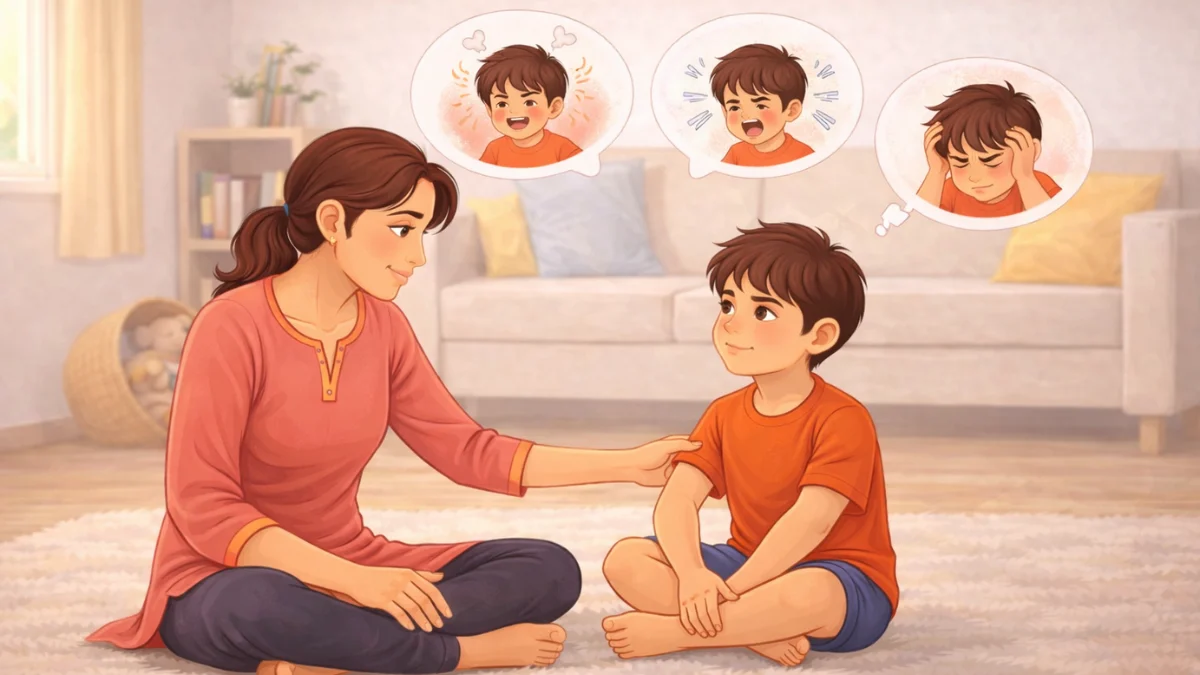 आई शांतपणे मुलाला रागाबद्दल समजावून सांगताना, मुलाला स्वतःच्या भावनांची जाणीव होत असलेला क्षण