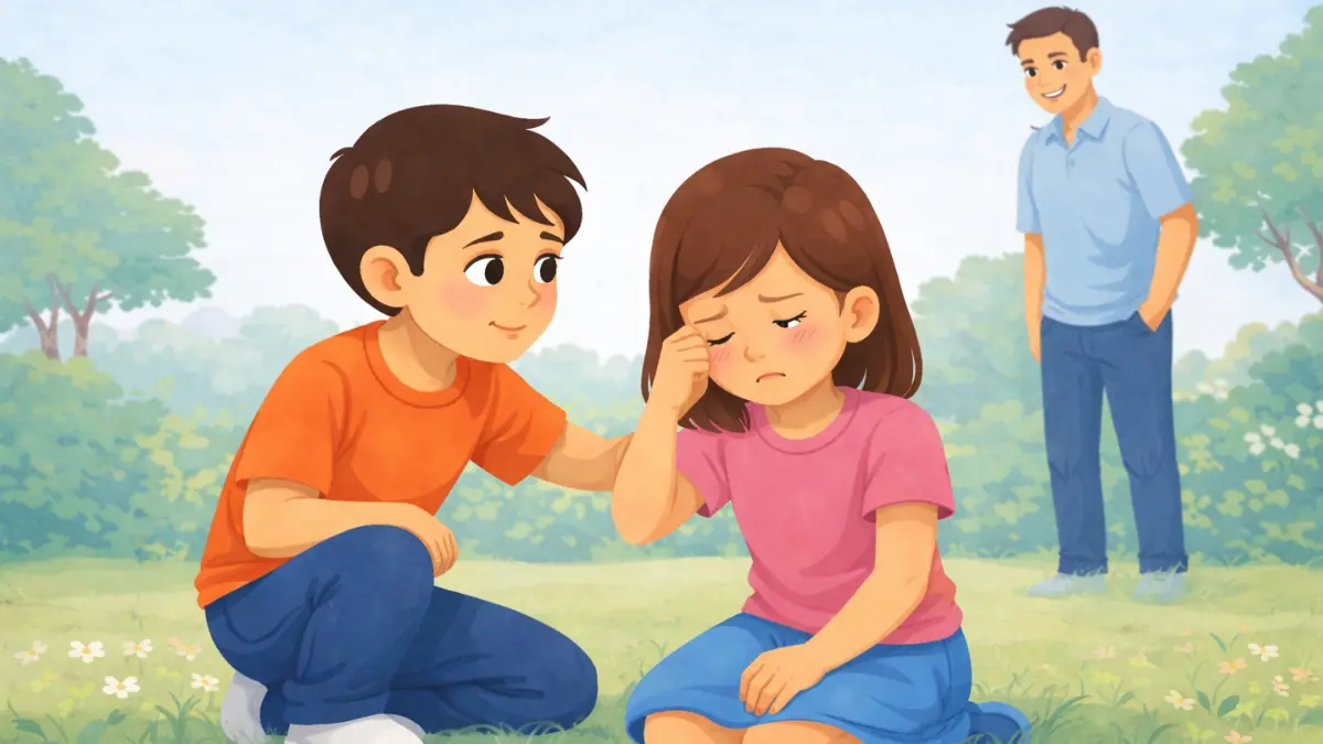 मुलगा दुःखी मुलीला सांत्वन करत आहे आणि वडील दूरून पाहत आहेत.