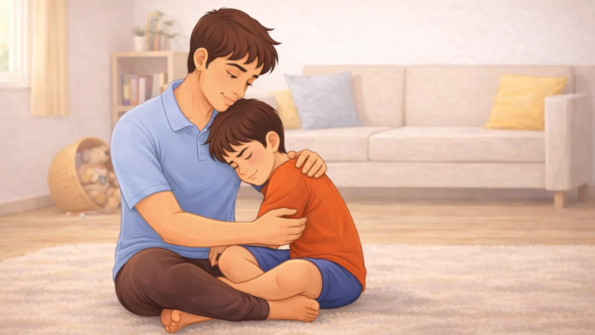 वडील रागावलेल्या मुलाजवळ शांतपणे बसलेले, घरात सुरक्षित आणि आधार देणाऱ्या वातावरणात ‘टाइम-इन’चा क्षण दाखवणारे दृश्य