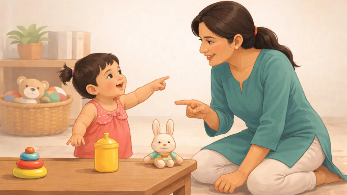 आईसोबत शब्द समजून घेणारे चिमुकले मूल