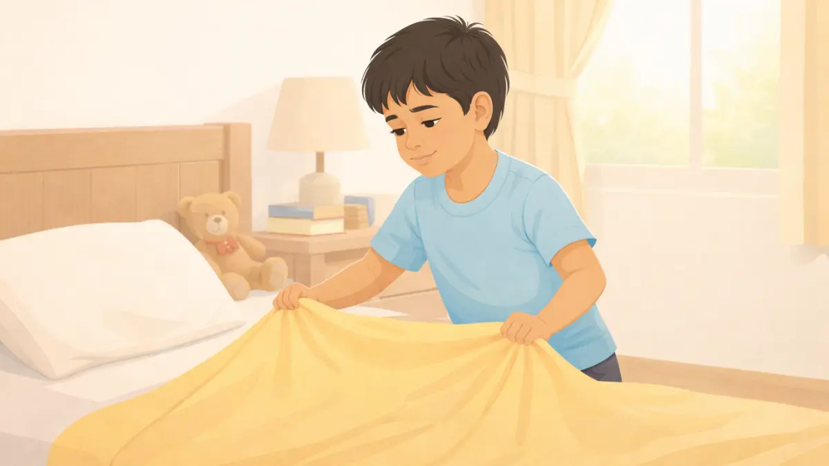 मुलगा बेड आवरत आहे