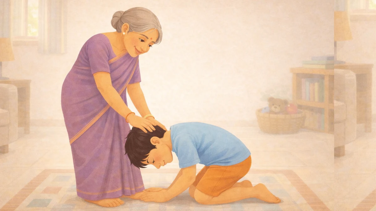 लहान मुलगा आजीच्या पायांना स्पर्श करून आशीर्वाद घेत आहे