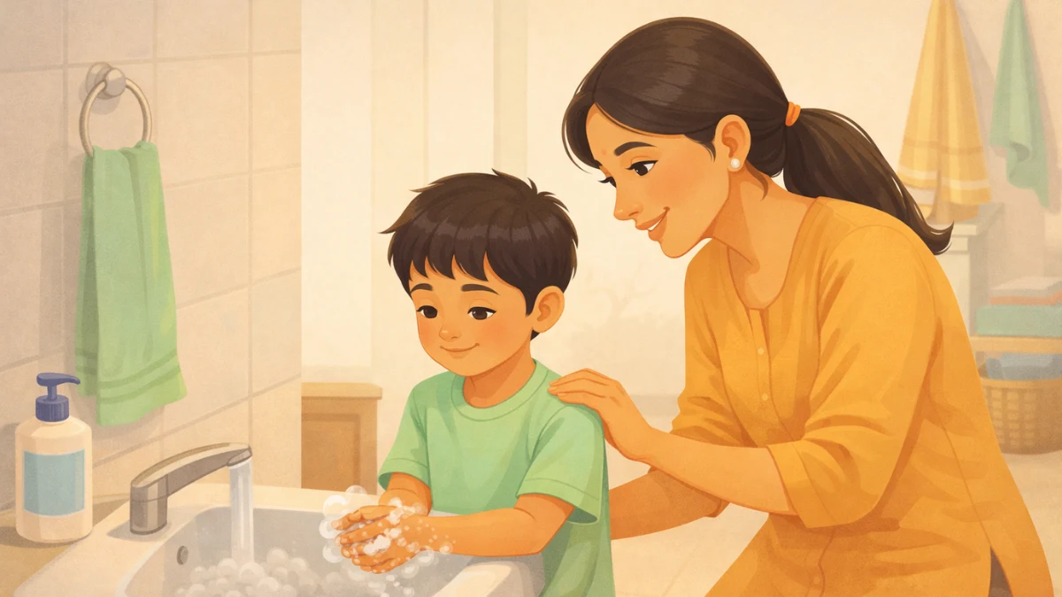 आई मुलाला हात स्वच्छ धुण्याची सवय शिकवत आहे