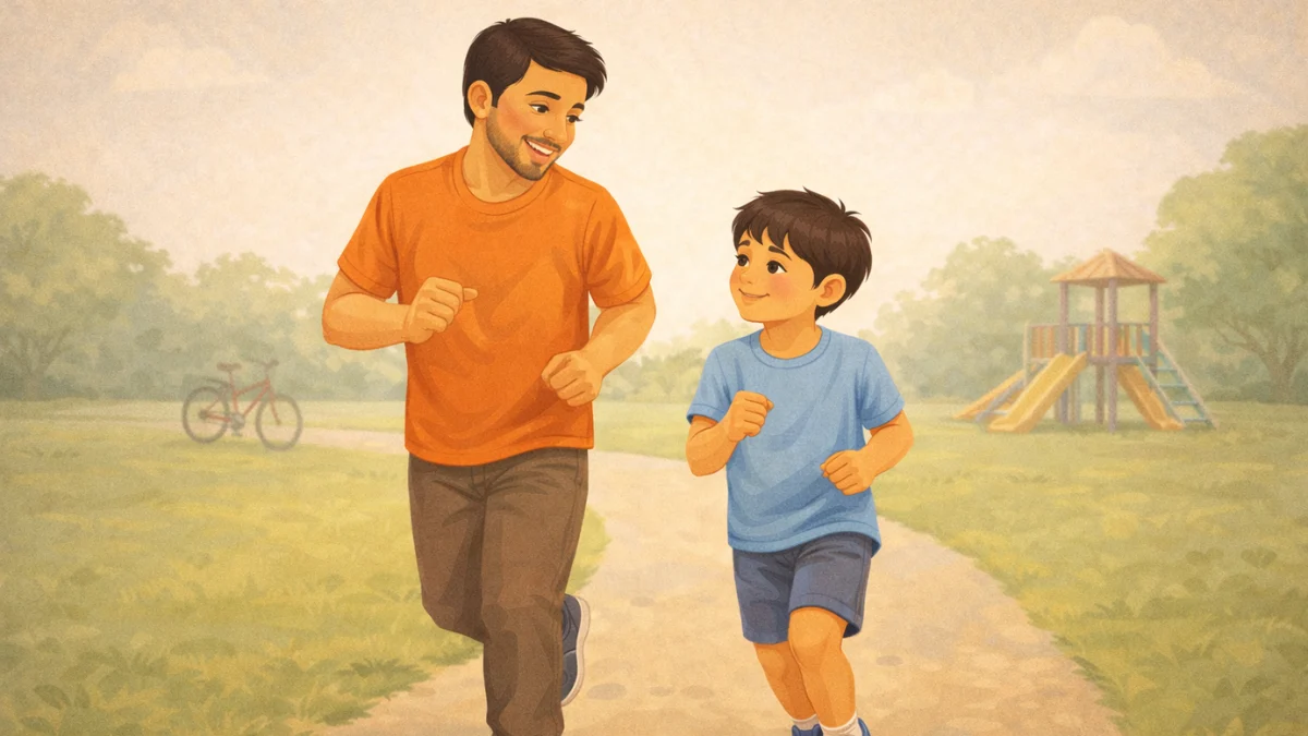 वडील मुलासोबत व्यायामासाठी चालत आहेत