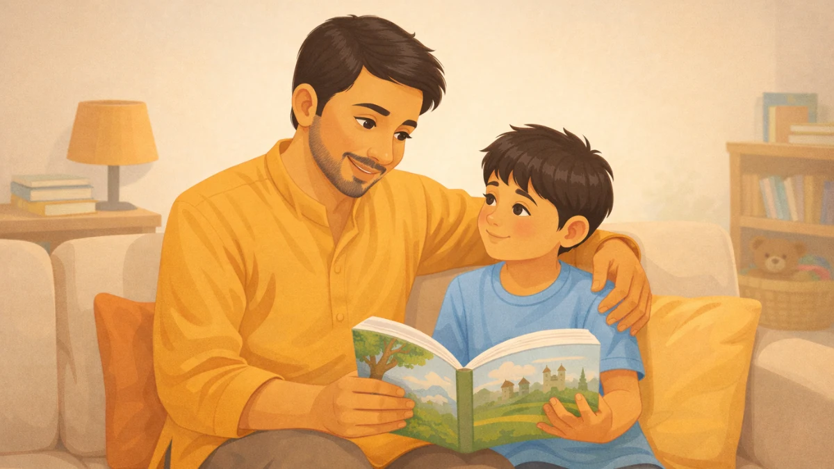 वडील मुलासोबत गोष्टीचे पुस्तक वाचत आहेत