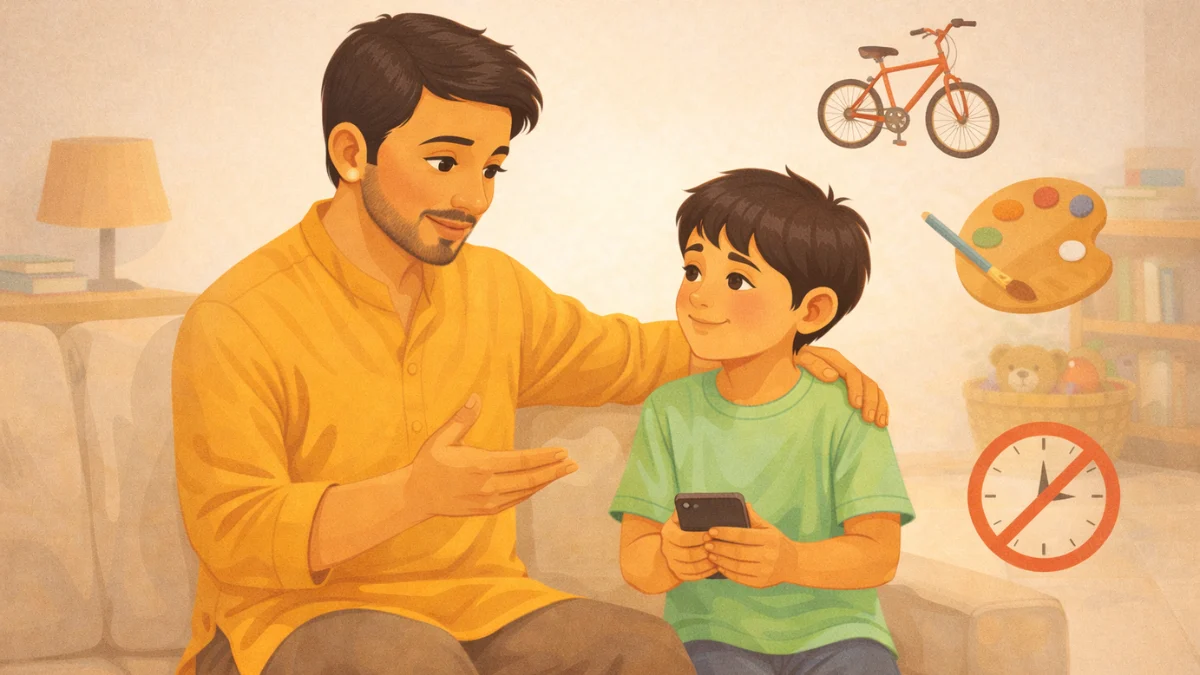 बाबा मुलाला मोबाईलचा मर्यादित वापर कसा करायचा ते समजावत आहे