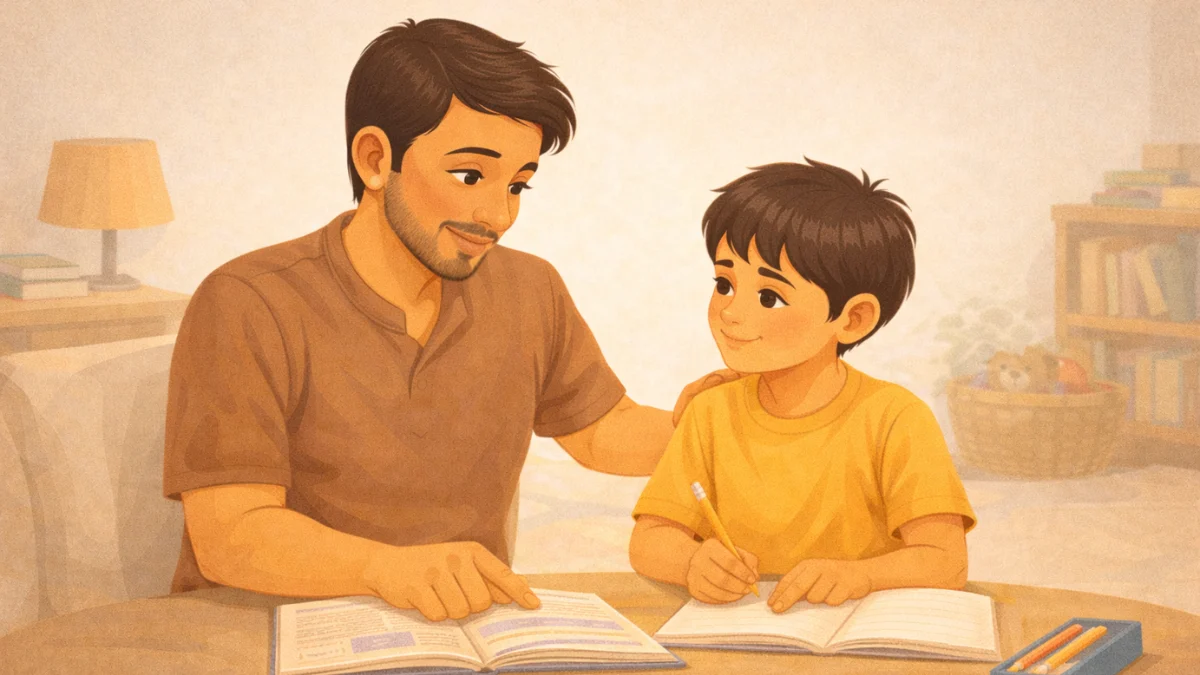वडील मुलाला शांतपणे अभ्यासात मार्गदर्शन करत आहेत