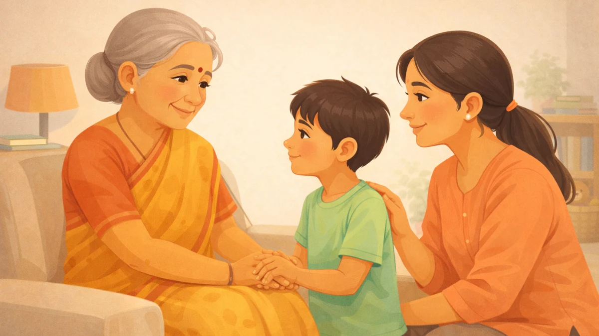 मुलगा आजीशी आदराने बोलत आहे