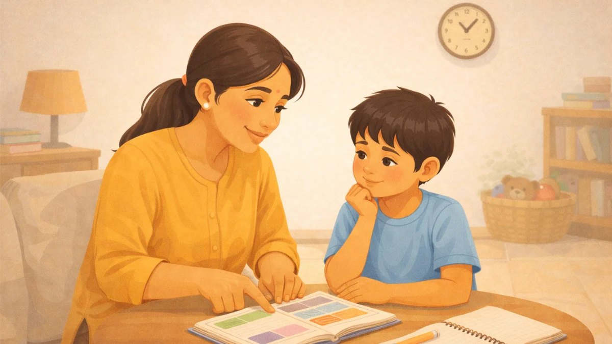 आई मुलाला वेळेचे नियोजन कसे करायचे ते समजावत आहे