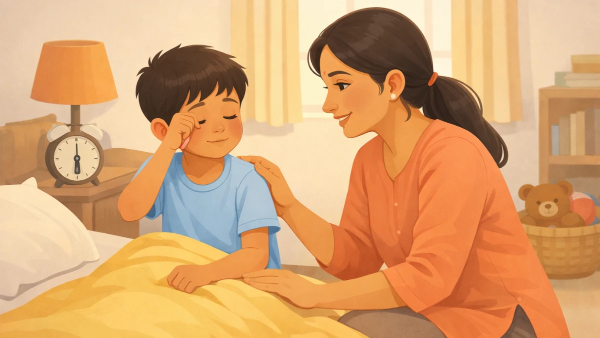 आई मुलाला सकाळी लवकर उठण्यासाठी प्रेमाने जागे करत आहे