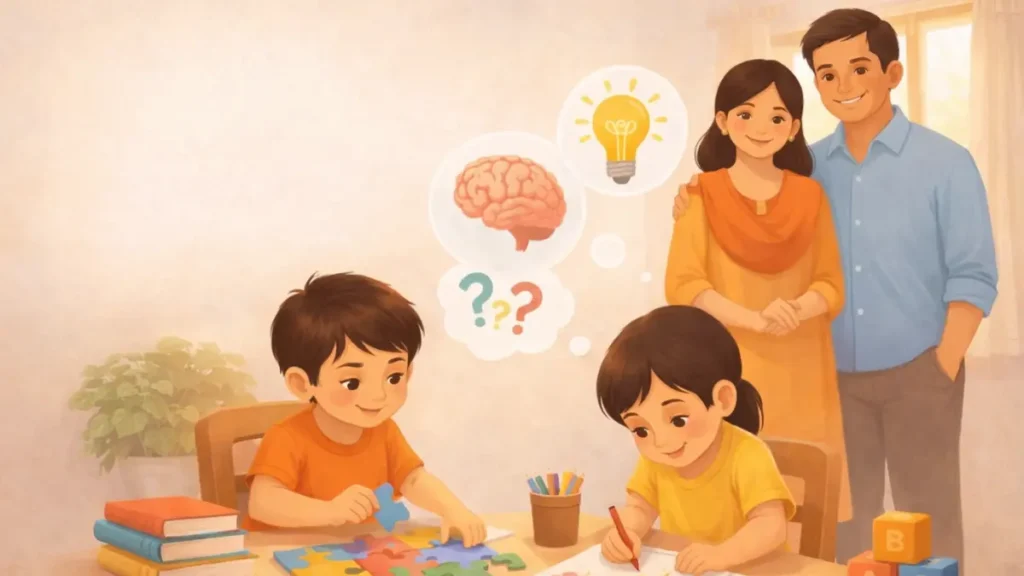 Indian parents watching children doing puzzle and drawing activities representing cognitive development in a warm home environment