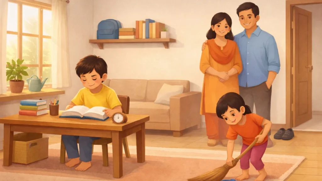 मुलं वाचन करत आहेत आणि घर साफ करत आहेत, पालक त्यांना प्रोत्साहन देताना