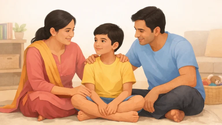 आई-वडील आणि मुलगा घरात एकत्र बसून प्रेमळ संवाद करत आहेत, पालक मुलाच्या खांद्यावर हात ठेवून त्याला समजून घेत आणि प्रोत्साहन देत आहेत.