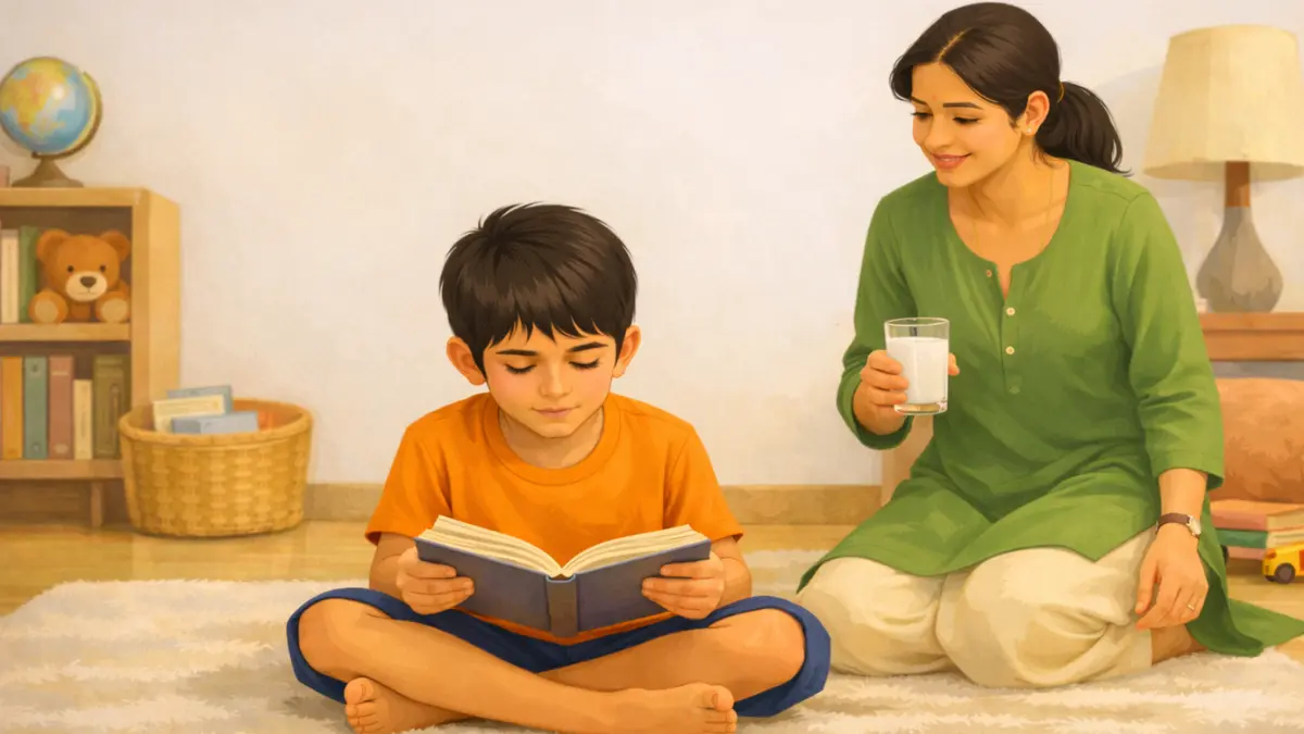 मुलगा शांतपणे पुस्तक वाचत असताना आई त्याच्यासाठी दूधाचा ग्लास घेऊन येत आहे आणि घरात प्रोत्साहन देणारे वातावरण दिसत आहे