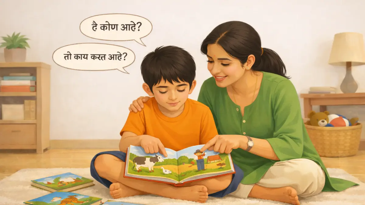 आई मुलासोबत चित्रपुस्तक वाचताना आणि चित्रांकडे बोट दाखवून गोष्ट समजावून सांगताना
