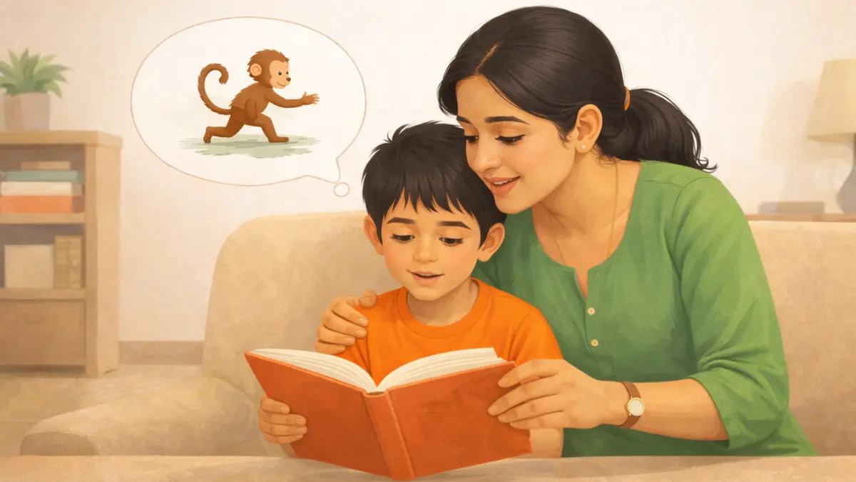 आई मुलासोबत बसून मोठ्याने गोष्टीचे पुस्तक वाचत आहे आणि मूल लक्ष देऊन ऐकत आहे