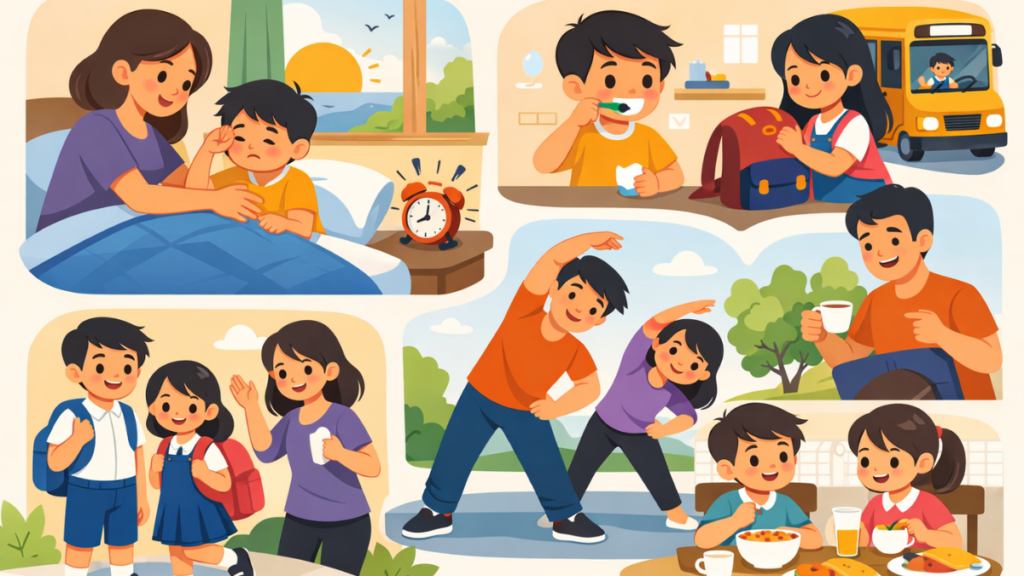 मुलांना सकाळी उठवताना पालक मदत करत आहेत, मुलं दात घासत आहेत, शाळेसाठी तयारी करत आहेत, सकाळी व्यायाम करत आहेत आणि कुटुंबासोबत नाश्ता करत आहेत अशी फ्लॅट स्टाइल इलस्ट्रेशन